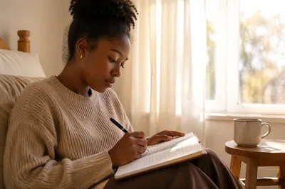Woman Writing Journal by Sunlit Window