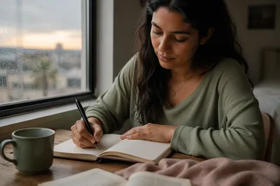 Woman Writing Journal by Rainy Window