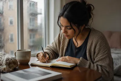 Woman Writing by Rainy Window Morning