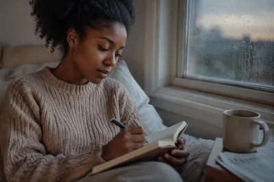 Woman Writing Journal by Rainy Window