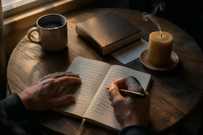 Hands Writing in a Dawn Prayer Journal