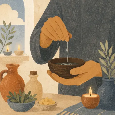 Hands Preparing Anointing Oil for Prayer