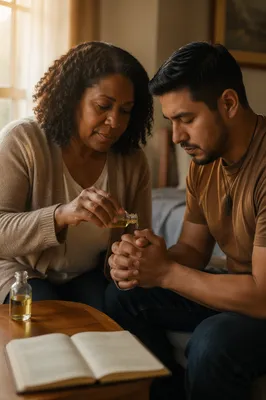 Hands Anointing in Prayer at Dawn
