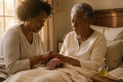 Daughter Anointing Elderly Mothers Hands at Dawn
