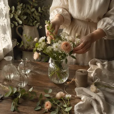Hands Arranging Garden Flowers in Rustic Vase