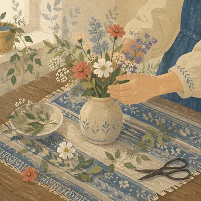 Hands Arranging Seasonal Flowers in Ceramic Vase