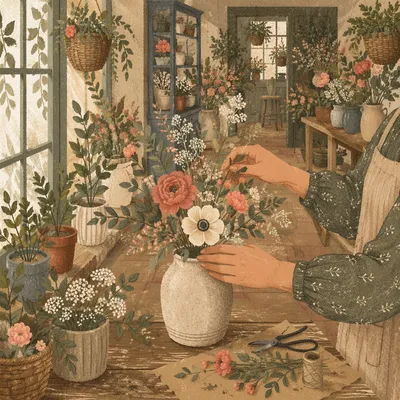 Hands Arranging Flowers in Vintage Shop