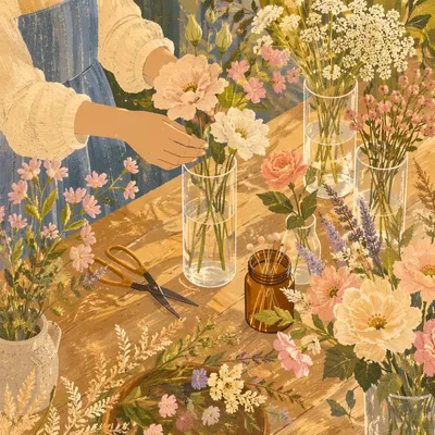 Sunlit Hands Arranging Pastel Garden Flowers