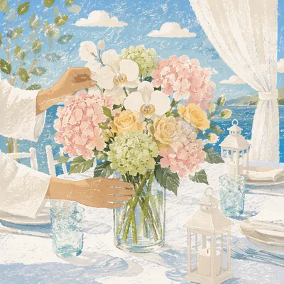 Hands Arranging Pastel Flowers on Terrace
