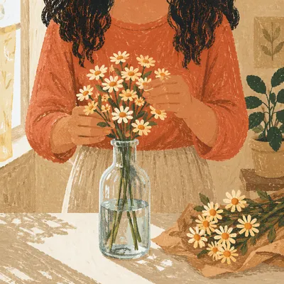 Hands Arranging Cream Daisies in Glass Vase