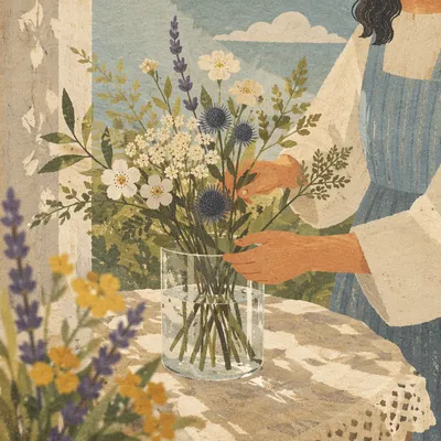 Hands Arranging Garden Flowers in Glass Vase