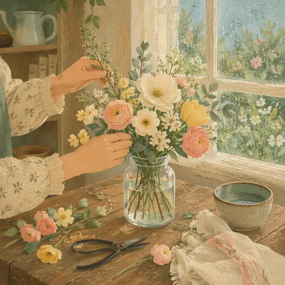 Hands Arranging Spring Flowers by Window