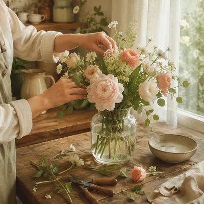 Hands Arranging Seasonal Flowers at Home