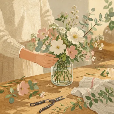 Hands Arranging Garden Flowers on Table