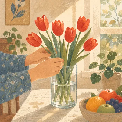 Hands Arranging Red Tulips at Home