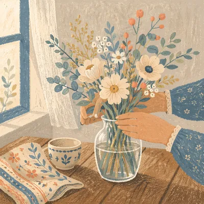 Hands Arranging Seasonal Flowers in Vase