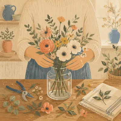Hands Arranging Flowers in Cozy Home