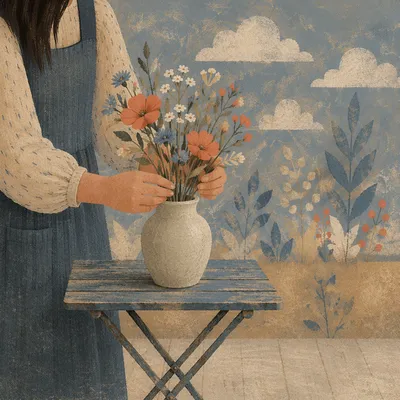 Hands Arranging Wildflowers in Vintage Vase