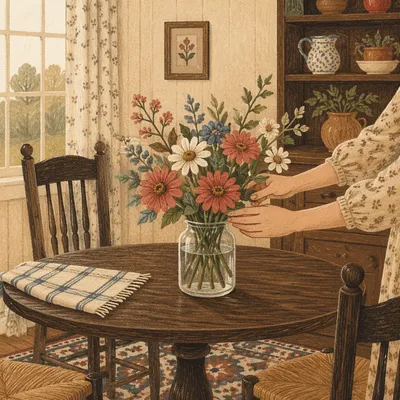 Hands Arranging Flowers in Cozy Dining Room