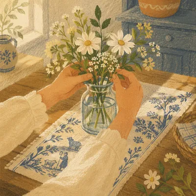 Hands Arranging Flowers on Linen Table