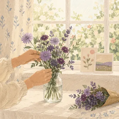Hands Arranging Lavender Flowers by Sunlit Window