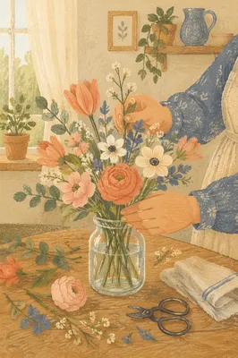 Gentle Hands Arranging Flowers at Home