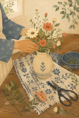 Hands Arranging Flowers in Ceramic Vase