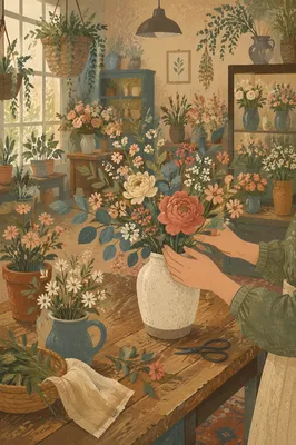 Hands Arranging Flowers in Vintage Shop