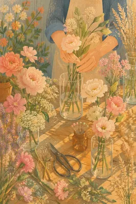 Hands Arranging Pastel Flowers on Sunlit Table