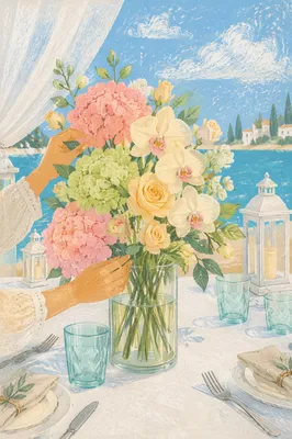 Hands Arranging Pastel Flowers on Terrace