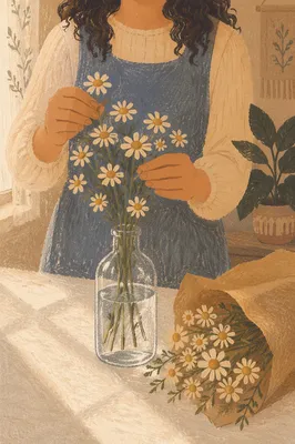 Hands Arranging Daisies in Glass Vase
