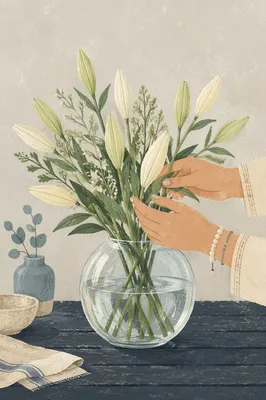 Hands Arranging Ivory Flowers in Glass Vase