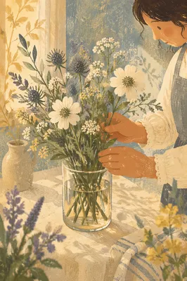 Hands Arranging Garden Flowers in Glass Vase