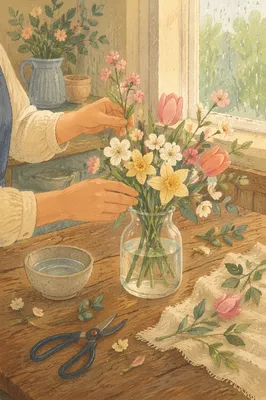 Hands Arranging Spring Flowers by Kitchen Window