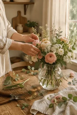Hands Arranging Seasonal Flowers by Window