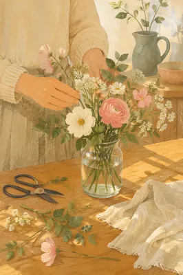 Hands Arranging Garden Flowers on Table