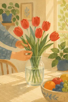 Hands Arranging Red Tulips at Home