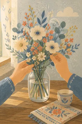 Hands Arranging Seasonal Flowers in Vase