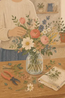 Hands Arranging Flowers in Cozy Home Vase