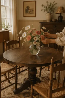Hands Arranging Garden Flowers in Vintage Dining Room
