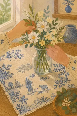 Hands Arranging Flowers on Linen Table