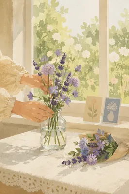 Hands Arranging Lavender Flowers by Sunlit Window