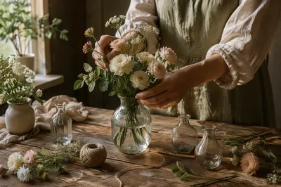 Hands Arranging Garden Flowers in Glass Vase