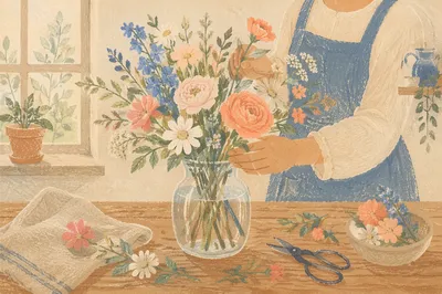 Hands Arranging Flowers in Cozy Kitchen