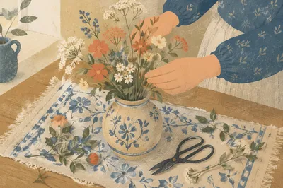 Hands Arranging Flowers in Ceramic Vase