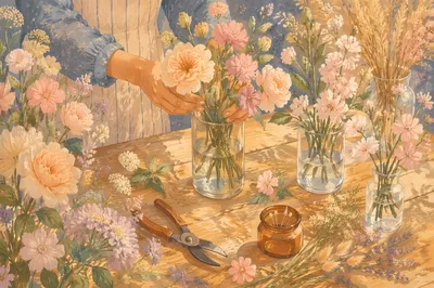 Sunlit Hands Arranging Pastel Garden Flowers