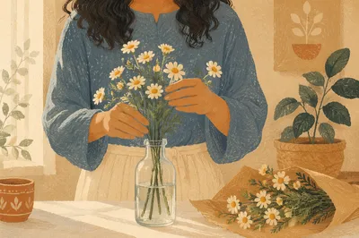 Hands Arranging Cream Daisies in Glass Vase