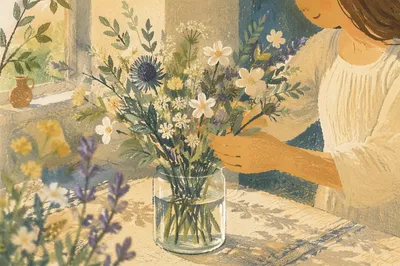 Hands Arranging Garden Flowers in Glass Vase