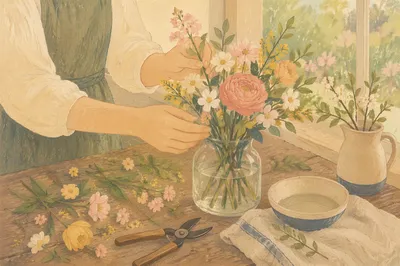 Hands Arranging Spring Flowers by Window