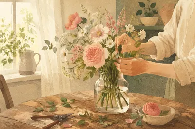Hands Arranging Seasonal Flowers at Home